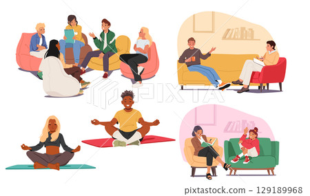 Professional psychological group, mindfulness practice for teenager mental health cartoon scene set 129189968