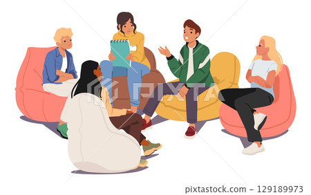 Psychological group for teenagers cartoon scene with children sitting in circle during consultation Psychological group for teenagers cartoon scene with children sitting in circle during consultation 129189973