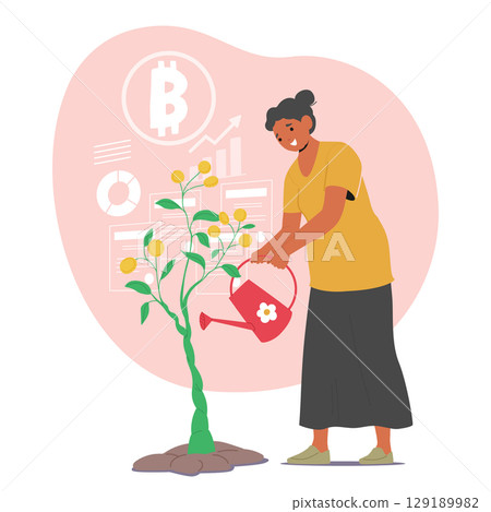 Elderly woman watering money tree from can caring for financial growth of pension investment Elderly woman watering money tree from can caring for financial growth of pension investment 129189982