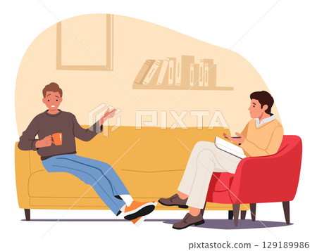 Depressed teenage boy talking about his problems at psychological session with psychotherapist 129189986