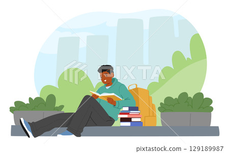Carefree schoolboy character reading paper book in city park while sitting on stone parapet 129189987