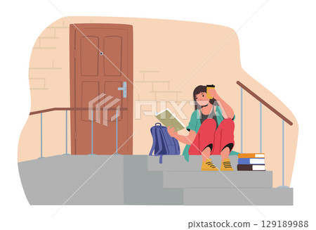 Teenage girl student character reading book while sitting on stairs of house outdoors cartoon scene 129189988