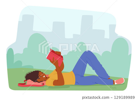 Relaxed girl student character reading book enjoying hobby while lying on grass of city park scene 129189989