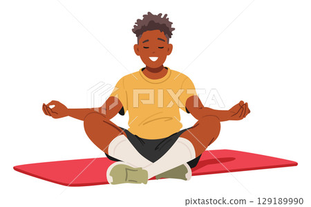 Teenage boy student cartoon character meditating practicing breathing technics for mental health Teenage boy student cartoon character meditating practicing breathing technics for mental health 129189990