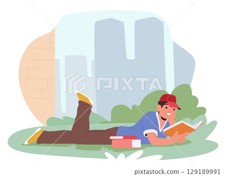 Teenage student character reading paper book while lying on grass of university campus scene 129189991