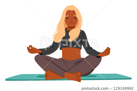 Teenage girl student cartoon character practicing mindfulness meditation, breathing sitting on mat Teenage girl student cartoon character practicing mindfulness meditation, breathing sitting on mat 129189992
