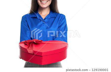 14 February. Businesswoman with present isolated on white. Valentines day celebration in office. Valentines day offer. Charity concept. Exchanging present reward. Businesswoman with copy space 129190001