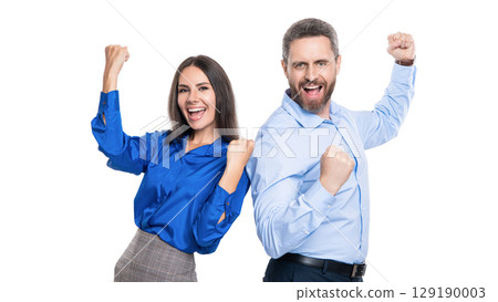 Businesspeople having fun. Business success celebration and fun. Business corporate party after successful deal. Successful businesspeople celebrate deal isolated on white. Extraordinary success 129190003