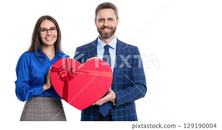 14 February. Businesspeople with present isolated. Valentines day celebration in office. Valentines day offer. Charity concept. Exchanging present reward. Businesspeople. business success and reward 14 February. Businesspeople with present isolated. Valentines day celebration in office. Valentines day offer. Charity concept. Exchanging present reward. Businesspeople. business success and reward 129190004