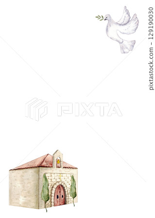 Vertical template with church and white dove of peace. Watercolor illustration. Hand drawn. Copy space. For first communion, confirmation, baptism, wedding greeting cards, invitation, save the date, 129190030