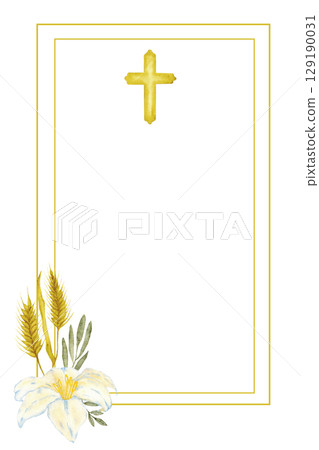 Vertical golden frame with cross, white flowers and ears. Copy space. Isolated. Hand drawn. Template for first communion, confirmation, baptism, wedding greeting cards, invitation, save the date Vertical golden frame with cross, white flowers and ears. Copy space. Isolated. Hand drawn. Template for first communion, confirmation, baptism, wedding greeting cards, invitation, save the date 129190031