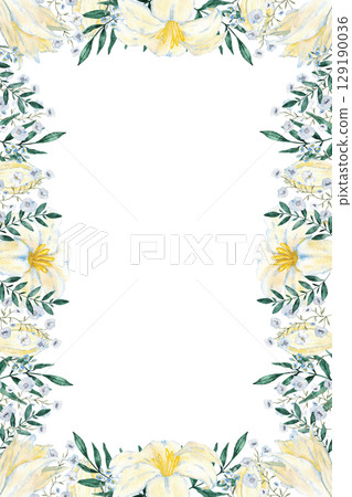 Vertical frame with white flowers and green leaves. Copy space. Hand drawn. Template for first communion, baptism, wedding greeting cards, invitation, save the date, birthday. Watercolor illustration 129190036