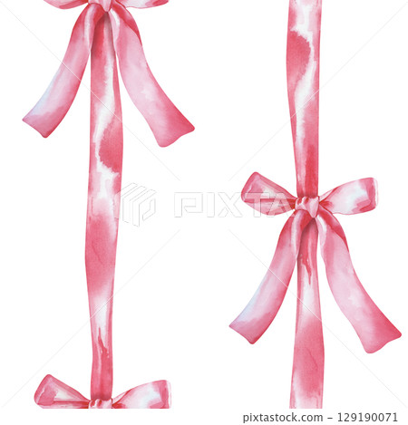 Vertical seamless pattern with pink ribbons and bows on a white background. Watercolor illustration. Seamless background for fabrics, textiles, wallpaper, packaging, stickers, postcards, posters Vertical seamless pattern with pink ribbons and bows on a white background. Watercolor illustration. Seamless background for fabrics, textiles, wallpaper, packaging, stickers, postcards, posters 129190071