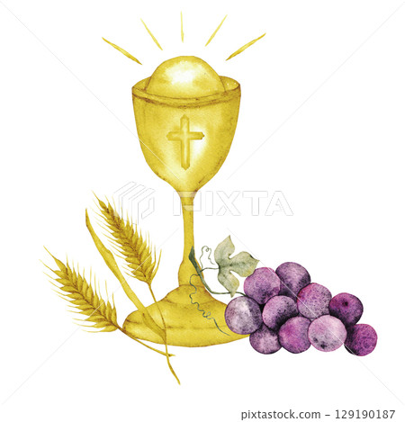 Watercolor illustartion with catholic religious symbols. Chalice, bunch of grapesand ears isolated on white background. For first communion, wedding, baprism greeting card, invitation 129190187