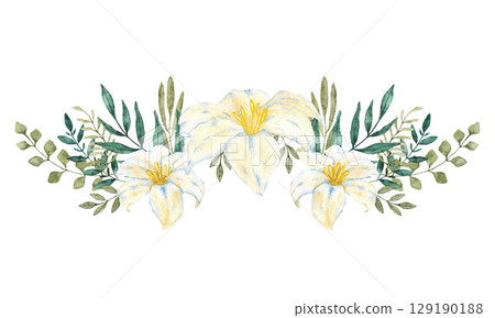 White flowers and green leaves. Watercolor composition. For first communion, wedding, baprism greeting card, invitation. Hand drawn. White lily. Isolated on a white background 129190188