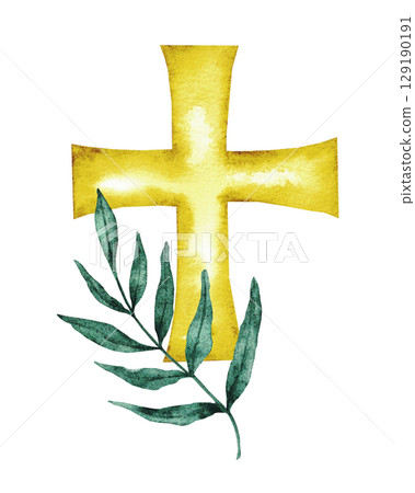 Watercolor illustration with golden cross and palm leaf. Hand drawn. Isolated on a white background. Catholic religious symbols. For first communion, wedding, baprism greeting card, invitation. Watercolor illustration with golden cross and palm leaf. Hand drawn. Isolated on a white background. Catholic religious symbols. For first communion, wedding, baprism greeting card, invitation. 129190191