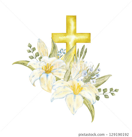 Watercolor composition with white and blue flowers and golden cross. For first communion, wedding, baprism greeting card, invitation. Catholic religious symbols. Hand drawn. Isolated Watercolor composition with white and blue flowers and golden cross. For first communion, wedding, baprism greeting card, invitation. Catholic religious symbols. Hand drawn. Isolated 129190192