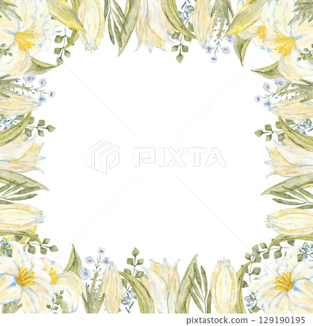 Frame with white and blue flowers and green leaves. Watercolor template. For first communion, wedding, baprism greeting card, invitation. Hand drawn. White lily. Isolated on a white background Frame with white and blue flowers and green leaves. Watercolor template. For first communion, wedding, baprism greeting card, invitation. Hand drawn. White lily. Isolated on a white background 129190195