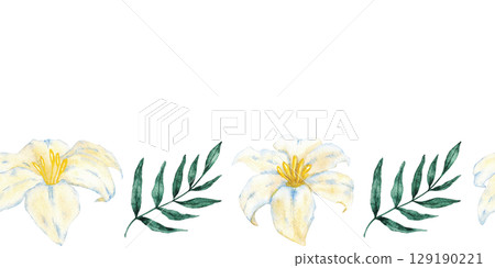 Seamless horizontal border of white flowers and green leaves. Hand drawn watercolor illustration. For first communion, baptism, wedding greeting cards, invitation, save the date, anniversary, birthday 129190221