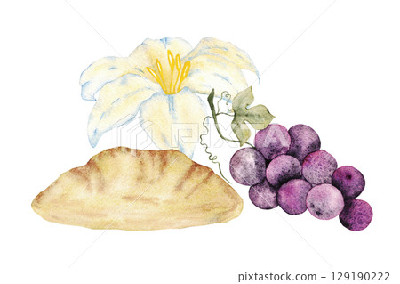 Religious symbols - bunch of grapes, bread and white lily. Watercolor ilustration. For first communion, wedding, baprism greeting card, invitation. Isolated on a white background. Hand drawn 129190222