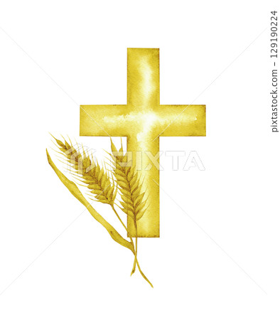 Golden cross and wheat ears. Watercolor composition with catholic religious symbols. For first communion, wedding, baprism greeting card, invitation. Hand drawn. Isolated Golden cross and wheat ears. Watercolor composition with catholic religious symbols. For first communion, wedding, baprism greeting card, invitation. Hand drawn. Isolated 129190224