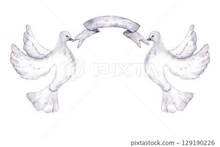 Flying doves holding a grey-blue ribbon. Copy space. Watercolor illustration. For first communion, baptism greeting cards, invitation, wedding card. Isolated 129190226