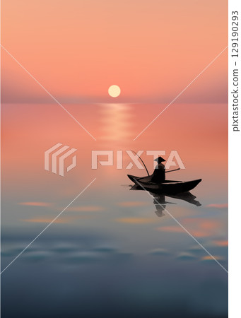 Vertical poster with red dramatic sunset and silhouette of fisherman on lake water. Vertical poster with red dramatic sunset and silhouette of fisherman on lake water. 129190293