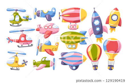 Doodle colorful air transport, cosmic spaceship, aircraft toy isolated set in childish cartoon style 129190419