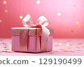 Holiday pink background with gift with satin bow. Valentine's Day, Women's Day, Mother's Day, Wedding, Christmas 129190499