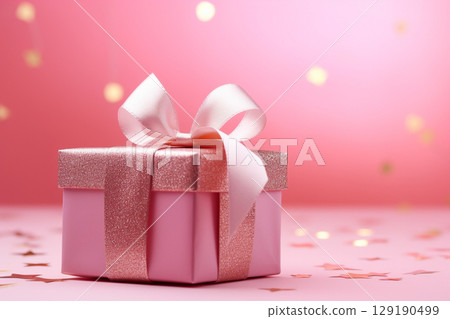 Holiday pink background with gift with satin bow. Valentine's Day, Women's Day, Mother's Day, Wedding, Christmas 129190499