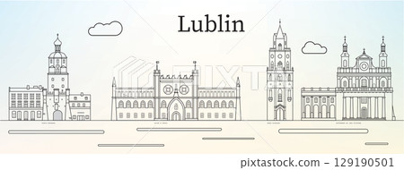 Lublin city skyline with main landmarks - line art 129190501