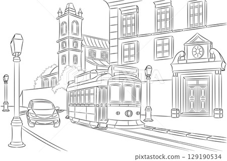 Old street with tram in Lisbon isolated on white background 129190534
