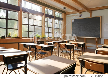 Classroom with old wooden student desks and chairs.AI Generated 129190549