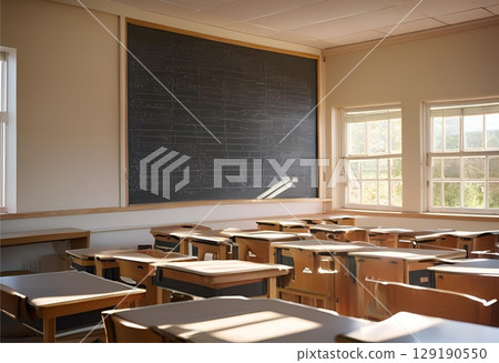 Classroom with old wooden student desks and chairs.AI Generated 129190550