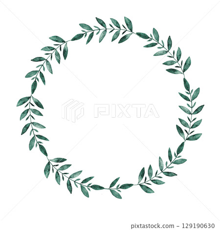 Round frame of dark green leaves. Wreath of branches. Watercolor illustration. Isolated. Template for first communion, baptism, wedding greeting cards, invitation, save the date. Copy space Round frame of dark green leaves. Wreath of branches. Watercolor illustration. Isolated. Template for first communion, baptism, wedding greeting cards, invitation, save the date. Copy space 129190630