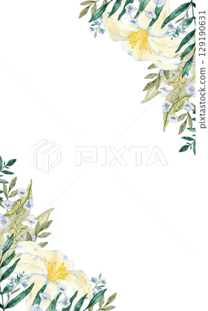 Vertical template with white lily, blue flowers and green leaves. For first communion, baptism, wedding greeting cards, invitation, save the date birthday. Copy space. Hand drawn frame 129190631