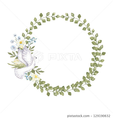 Wreath of green leaves decorated with dove and flowers. Round frame. Watercolor illustration. Isolated. For first communion, baptism, wedding greeting cards, invitation, save the date. Copy space Wreath of green leaves decorated with dove and flowers. Round frame. Watercolor illustration. Isolated. For first communion, baptism, wedding greeting cards, invitation, save the date. Copy space 129190632