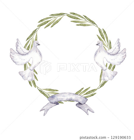 Wreath of green leaves with doves and ribbon. Round frame. Isolated. Watercolor illustration. Template for first communion, baptism, wedding greeting cards, invitation, save the date. Copy space 129190633