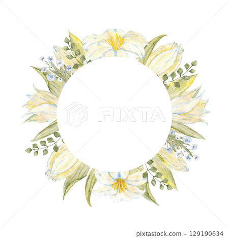 Round template of white flowers and green leaves. Isolated watercolor illustration. Frame for first communion, baptism, wedding, birthday, party greeting cards, invitation, save the date. Copy space 129190634