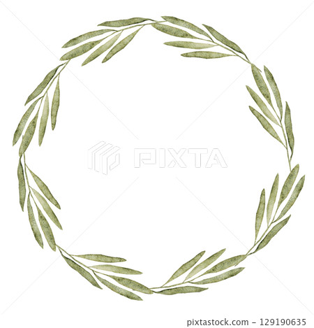 Watercolor template. Round frame of green branches. Wreath of light green leaves. Isolated illustration. For first communion, baptism, wedding greeting cards, invitation, save the date. Copy space Watercolor template. Round frame of green branches. Wreath of light green leaves. Isolated illustration. For first communion, baptism, wedding greeting cards, invitation, save the date. Copy space 129190635