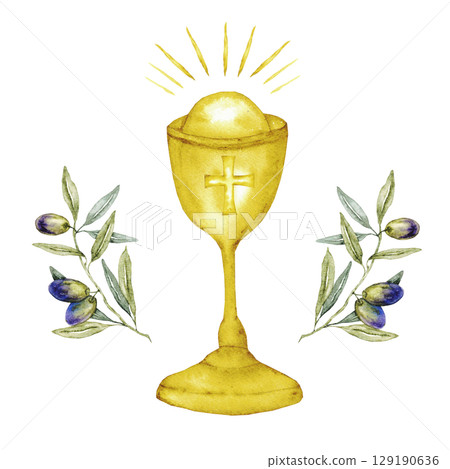 Chalice wit olive branches. Watercolor composition with catholic religious symbols. Isolated on white background. For first communion, wedding, baprism greeting card, invitation Chalice wit olive branches. Watercolor composition with catholic religious symbols. Isolated on white background. For first communion, wedding, baprism greeting card, invitation 129190636