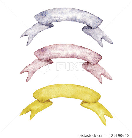 Watercolor set of holiday ribbons. Blue, pink and yellow (gold) elements. Hand drawn. Isolated on a white background. For first communion, birthday, wedding, baptism design 129190640