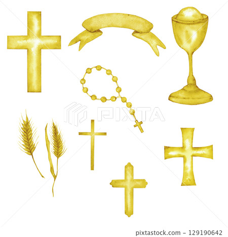 Golden First communion set with chalice, crosses, rosary, ears of wheat and ribbon. Hand drawn. Christian elements, catholic religion icons. Watercolor illustration Golden First communion set with chalice, crosses, rosary, ears of wheat and ribbon. Hand drawn. Christian elements, catholic religion icons. Watercolor illustration 129190642