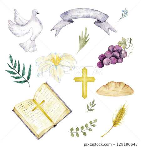 Big set of christian elements. Cross, Bible, dove of peace, ear, green leaves, white flower, bread, bunch of grape, ribbon. Catholic religion icons. Hand drawn. For first communion, wedding, baptism Big set of christian elements. Cross, Bible, dove of peace, ear, green leaves, white flower, bread, bunch of grape, ribbon. Catholic religion icons. Hand drawn. For first communion, wedding, baptism 129190645