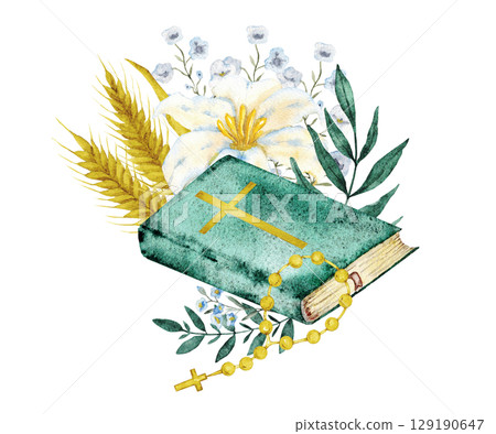 Bible and ears of wheat, flowers, green leaves. Hand drawn. Isolated. Watercolor illustration for first communion, baptism, wedding greeting cards, invitation Bible and ears of wheat, flowers, green leaves. Hand drawn. Isolated. Watercolor illustration for first communion, baptism, wedding greeting cards, invitation 129190647