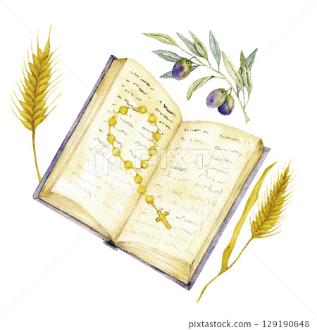 Open Bible, rosary, olive branch and ears of wheat. Watercolor composition for first communion, baptism, wedding greeting cards, invitation. Save the date, anniversary. Hand drawn. Isolated 129190648