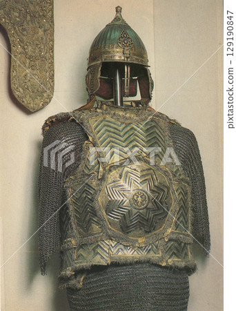 Kremlin, Moscow, Russia - circa 1982: Postcard with image MIRROR ARMOR bMoscow, 1663 Master Nikita Davydov Steel, silver, satin. Inscription in Russian. Kremlin, Moscow, Russia - circa 1982: Postcard with image MIRROR ARMOR bMoscow, 1663 Master Nikita Davydov Steel, silver, satin. Inscription in Russian. 129190847