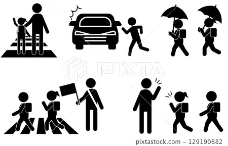 一組代表小學生上學途中和當地觀察活動的象形圖 一組代表小學生上學途中和當地觀察活動的象形圖 129190882