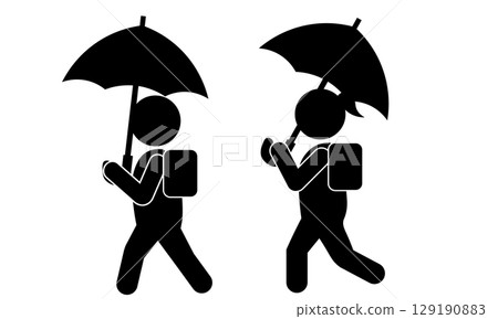 A pictogram of an elementary school student walking to school with an umbrella on a rainy day 129190883