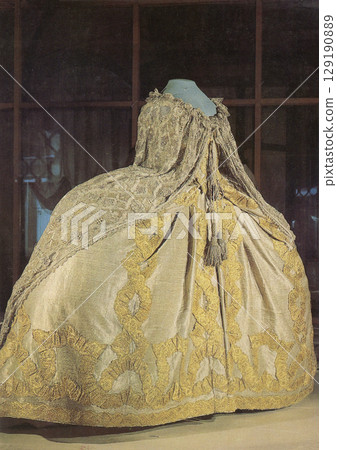 Kremlin, Moscow, Russia - circa 1982: Postcard with image DRESS Fabric-Russia, mid-18th century. Kremlin, Moscow, Russia - circa 1982: Postcard with image DRESS Fabric-Russia, mid-18th century. 129190889